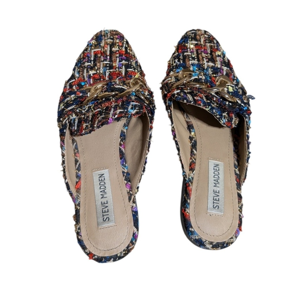 Steve Madden Cassady Slip On Mules Shoes Sz 6.5 Multi Tweed Chain Link Low Heel
